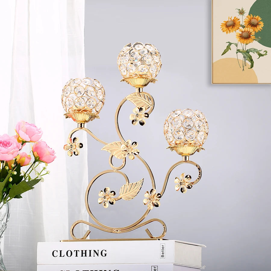 1pc 3 Arms Golden Metal Candle Holder Candelabra, Vintage Flower Shaped Candlestick for Table Centerpiece Wedding Birthday Party