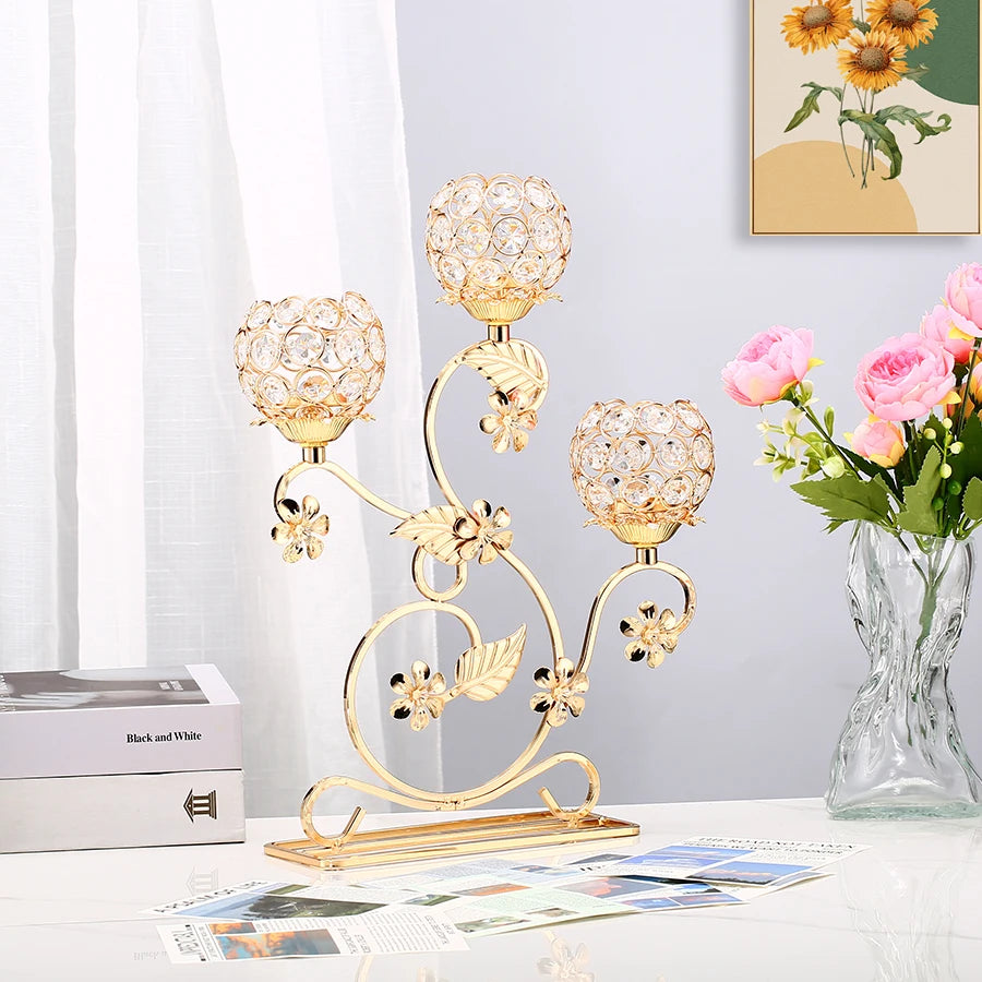 1pc 3 Arms Golden Metal Candle Holder Candelabra, Vintage Flower Shaped Candlestick for Table Centerpiece Wedding Birthday Party