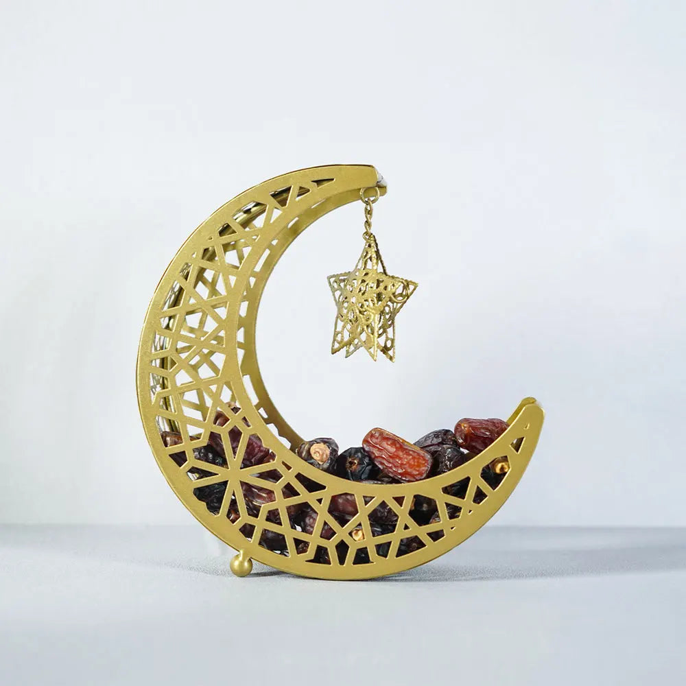 Golden Snack Tray Hollow Out Moon Star Shape Eid Mubarak Serving Platter Muslim Ramadan Nuts Plate Ramadan Candy Storage Box