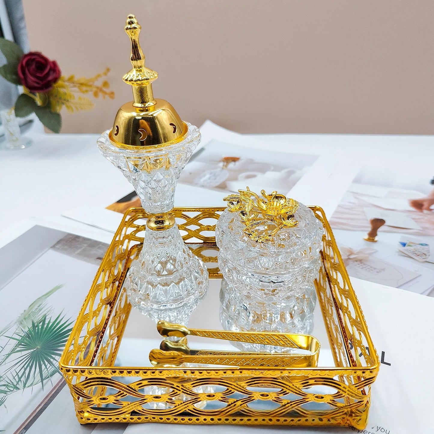 Arabic Crystal Incense Burner, Golden Square Tray Set, Living Room, Middle Eastern Ornament, Three-piece Set