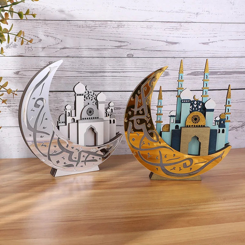 Ramadan Wooden Moon Mosque Night Light Table Ornament EID Mubarak Party Lights 2025 Islam Muslim Home Decoration Eid Al Adha