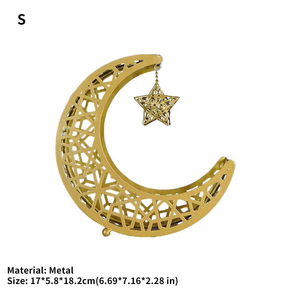 Golden Snack Tray Hollow Out Moon Star Shape Eid Mubarak Serving Platter Muslim Ramadan Nuts Plate Ramadan Candy Storage Box