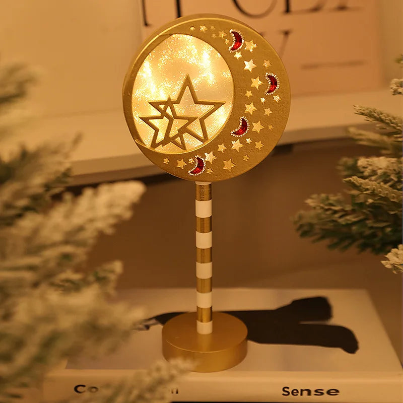 Ramadan Moon Star Lamp Sign Eid Mubarak Wooden Table Ornament 2025 Islamic Muslim Party Home Decoration LED Light Lantern Gifts