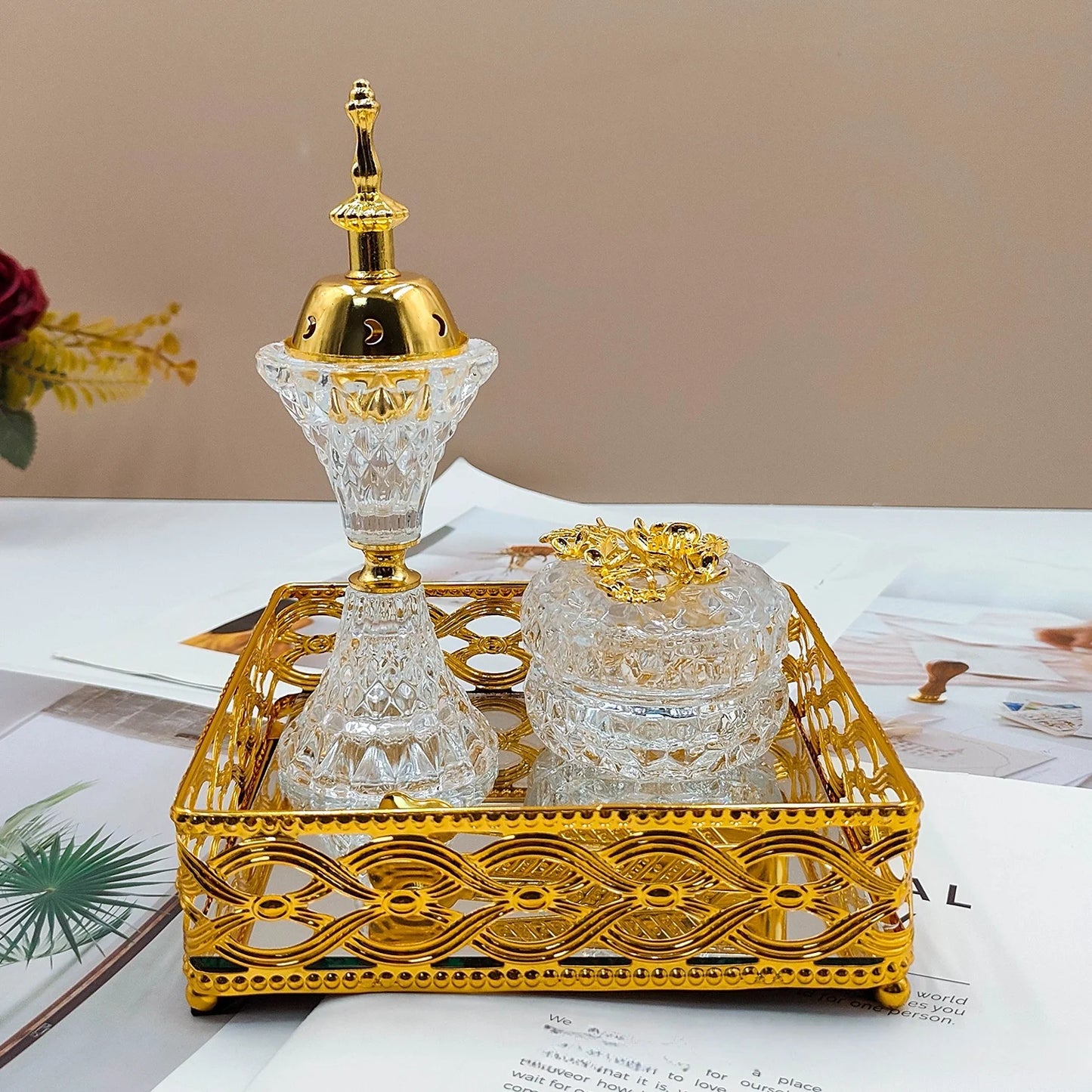 Arabic Crystal Incense Burner, Golden Square Tray Set, Living Room, Middle Eastern Ornament, Three-piece Set