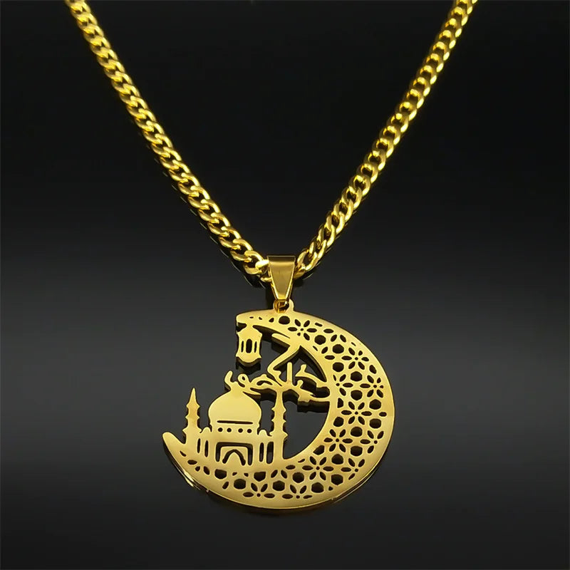 Islamic Mosque Muslim Crescent Moon Necklace for Women Men Stainless Steel Quran Islam Religious Jewelry chaine homme 6216-QKC