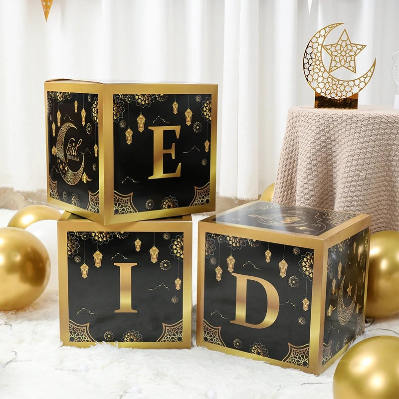 EID Mubarak Decoration Black Gold Box Ramadan Decor 2025 for Home Gift box Ramadan Kareem Islamic Muslim Party Eid Al Adha Gifts