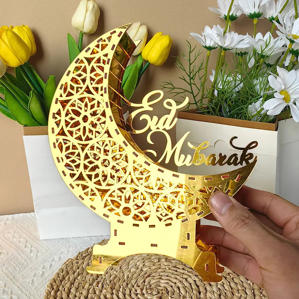 Ramadan Kareem Decoration with LED Night Light Acrylic Mirror Moon Castle Eid Mubarak Al-Fitr Tabletop Ornament DIY Party Gifts