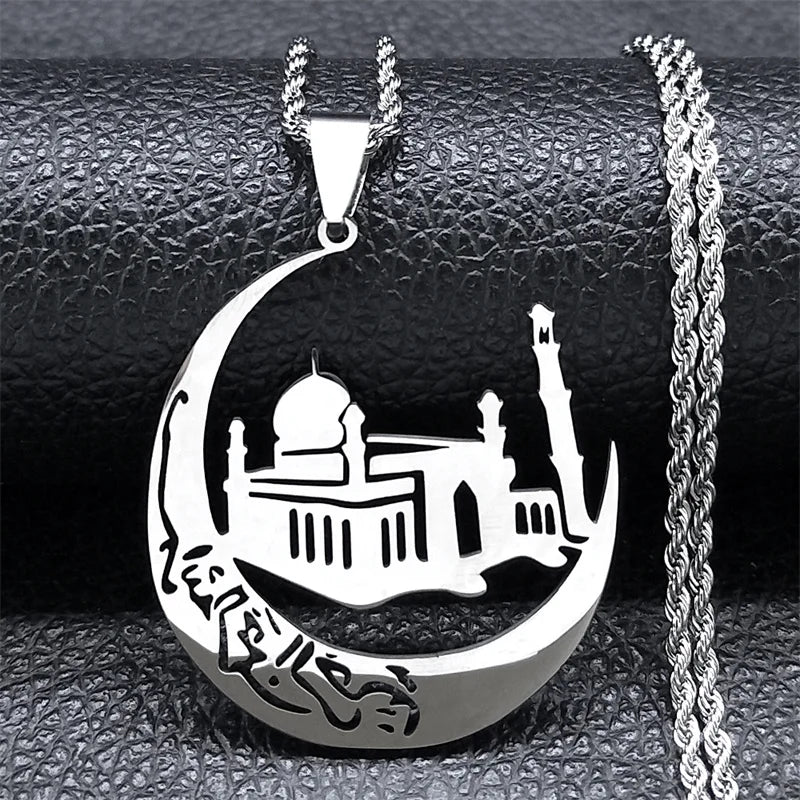 Islamic Mosque Crescent Moon Necklace for Women Men Stainless Steel Gold Color Arabic Muslim Islam Chain Necklaces Jewelry N6072