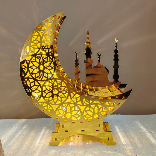 Ramadan Kareem Decoration with LED Night Light Acrylic Mirror Moon Castle Eid Mubarak Al-Fitr Tabletop Ornament DIY Party Gifts