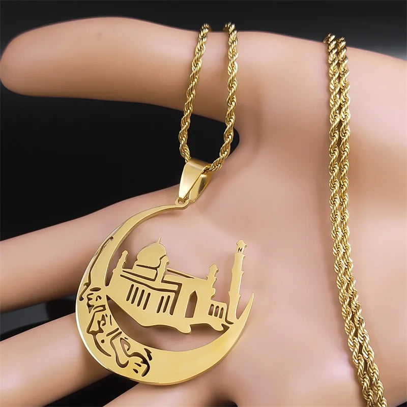 Islamic Mosque Crescent Moon Necklace for Women Men Stainless Steel Gold Color Arabic Muslim Islam Chain Necklaces Jewelry N6072