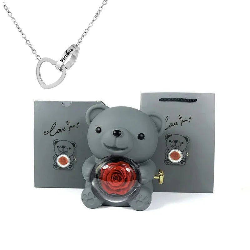 Eternal Rose Teddy Bear Gifts Box with Rotate Necklace Storage Case for Valentine Wedding Ideal Jewelry Packaging Display for Women Girls Girlfriend