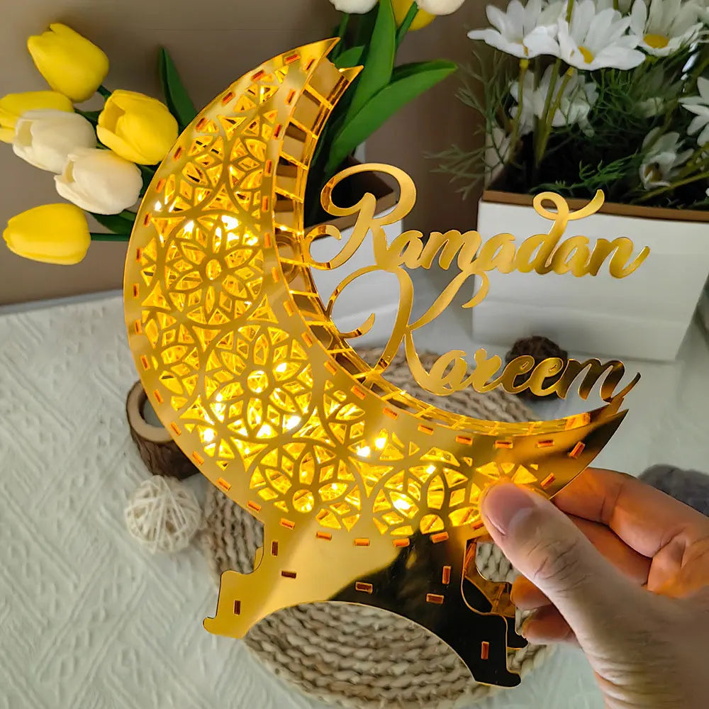 Ramadan Kareem Decoration with LED Night Light Acrylic Mirror Moon Castle Eid Mubarak Al-Fitr Tabletop Ornament DIY Party Gifts