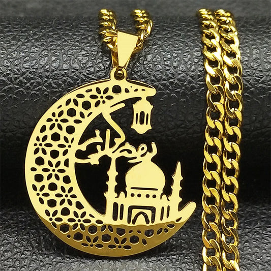 Islamic Mosque Muslim Crescent Moon Necklace for Women Men Stainless Steel Quran Islam Religious Jewelry chaine homme 6216-QKC