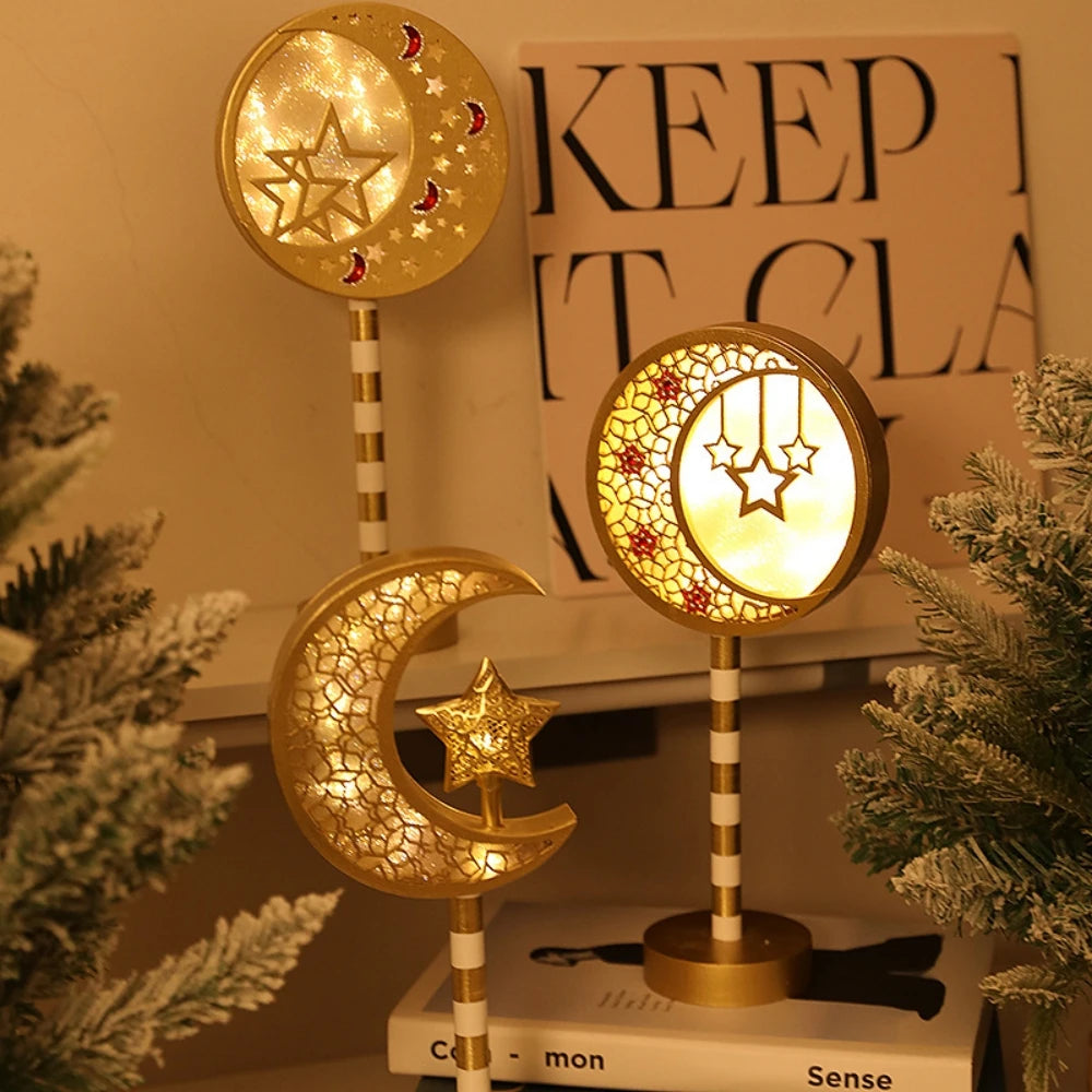 Ramadan Moon Star Lamp Sign Eid Mubarak Wooden Table Ornament 2025 Islamic Muslim Party Home Decoration LED Light Lantern Gifts