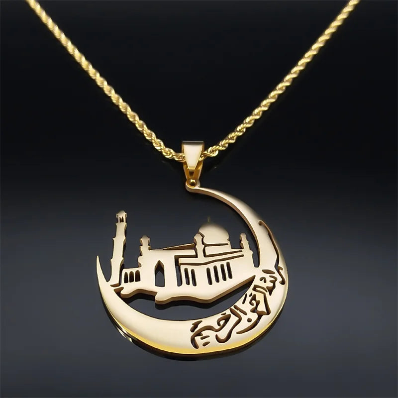 Islamic Mosque Crescent Moon Necklace for Women Men Stainless Steel Gold Color Arabic Muslim Islam Chain Necklaces Jewelry N6072