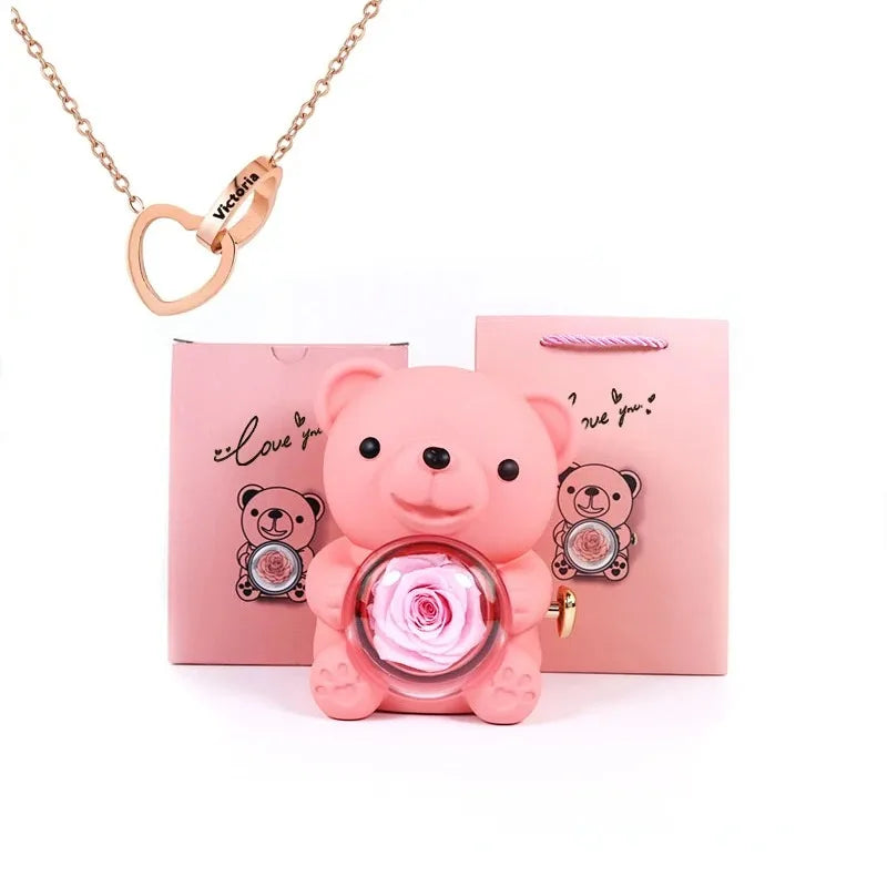 Eternal Rose Teddy Bear Gifts Box with Rotate Necklace Storage Case for Valentine Wedding Ideal Jewelry Packaging Display for Women Girls Girlfriend