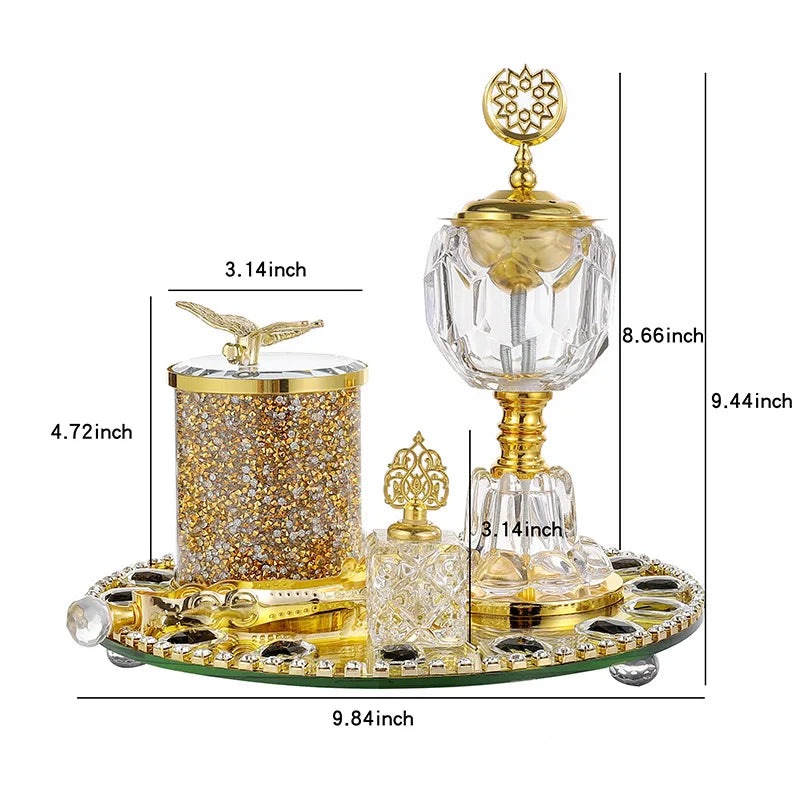 Arabic Incense Burner Set, Golden Plate, Middle Eastern Style Ornaments, Crystal, Spice Jar, Essential Oil Bottle, Gift