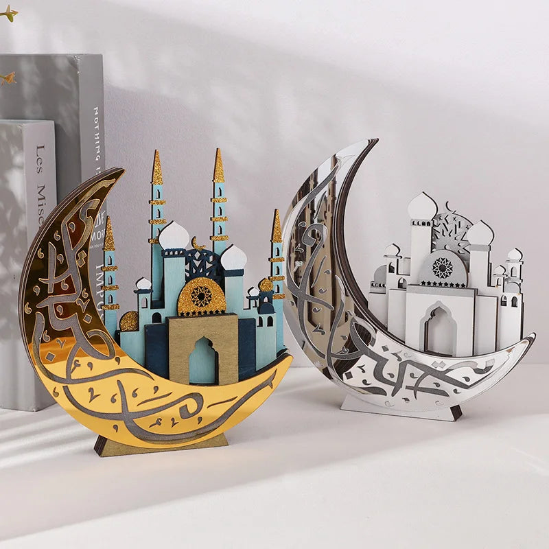 Ramadan Wooden Moon Mosque Night Light Table Ornament EID Mubarak Party Lights 2025 Islam Muslim Home Decoration Eid Al Adha