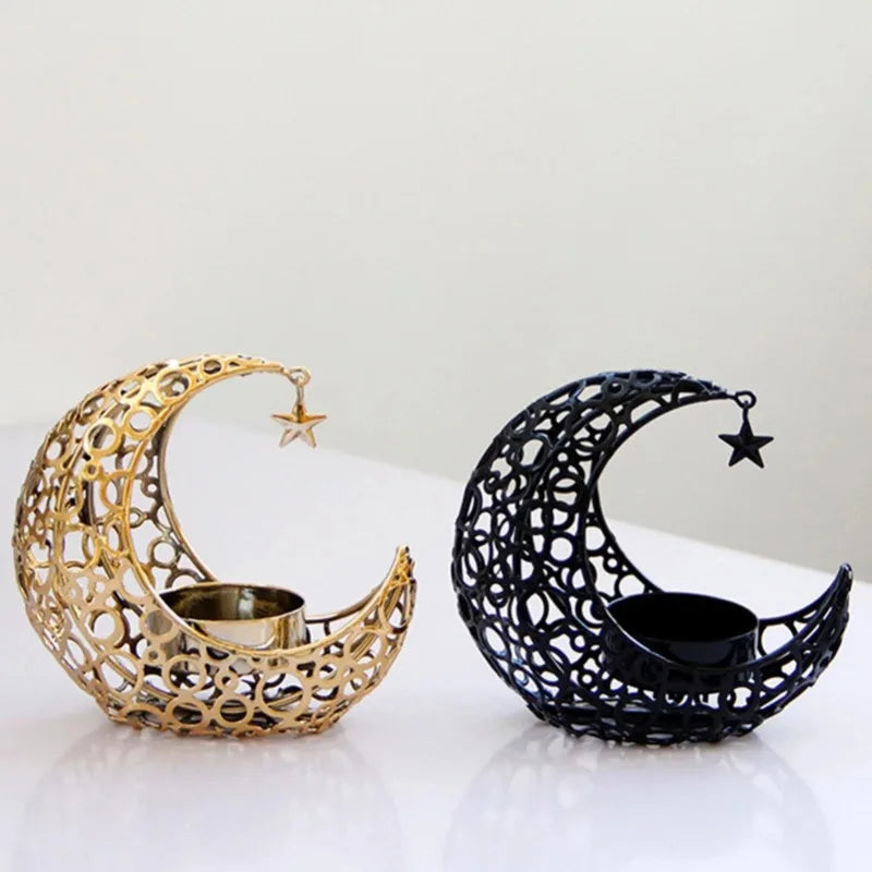 Eid Mubarak Ramadan Metal Candlestick Moon Shaped Candle Holder Home Desktop Ornament for Bedroom Showcase Living Room