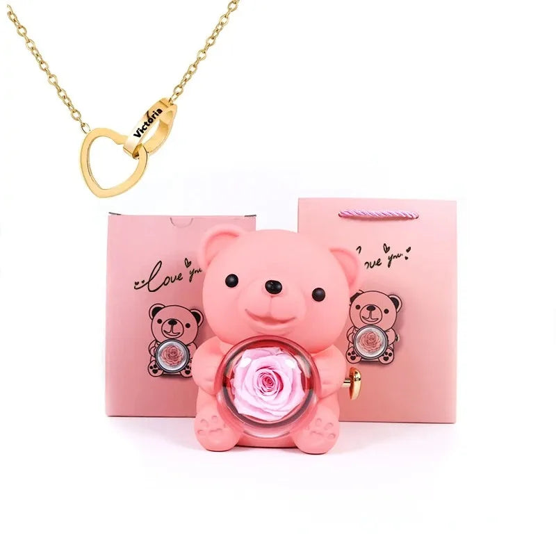 Eternal Rose Teddy Bear Gifts Box with Rotate Necklace Storage Case for Valentine Wedding Ideal Jewelry Packaging Display for Women Girls Girlfriend