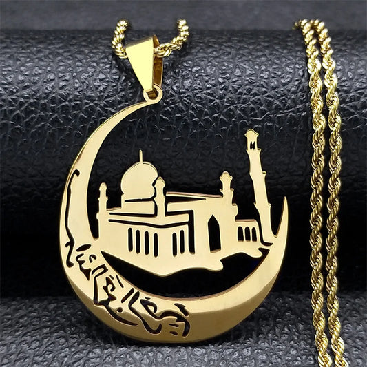 Islamic Mosque Crescent Moon Necklace for Women Men Stainless Steel Gold Color Arabic Muslim Islam Chain Necklaces Jewelry N6072