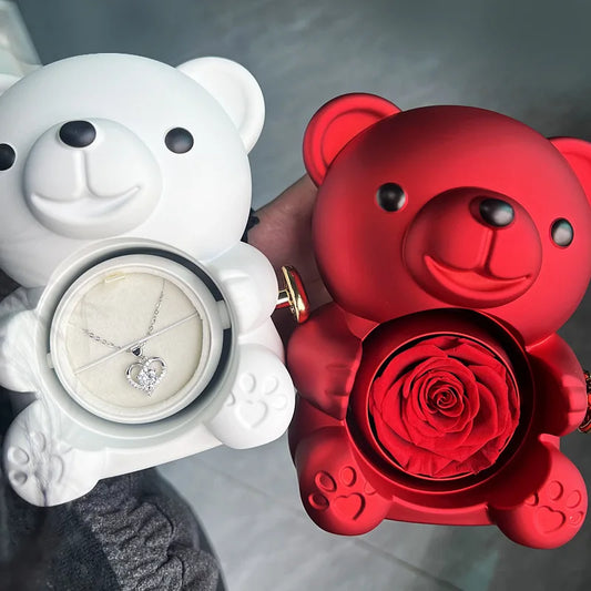 Eternal Rose Teddy Bear Gifts Box with Rotate Necklace Storage Case for Valentine Wedding Ideal Jewelry Packaging Display for Women Girls Girlfriend