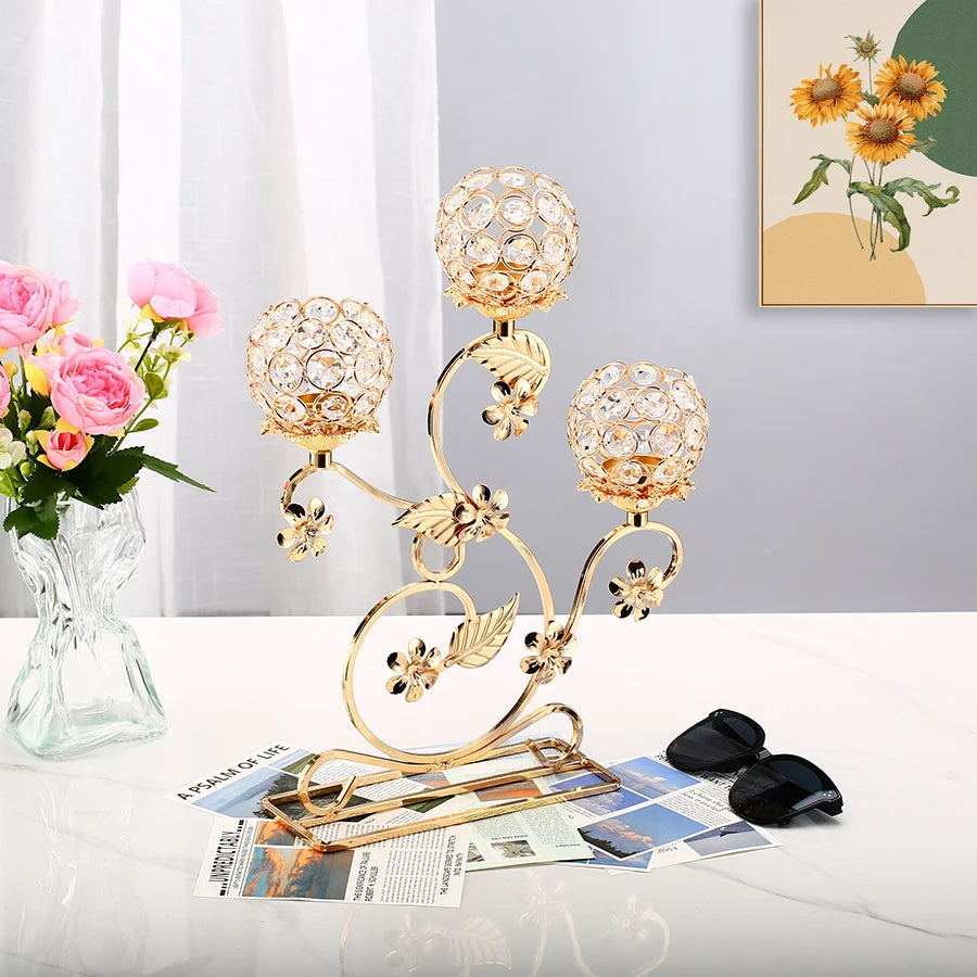 1pc 3 Arms Golden Metal Candle Holder Candelabra, Vintage Flower Shaped Candlestick for Table Centerpiece Wedding Birthday Party