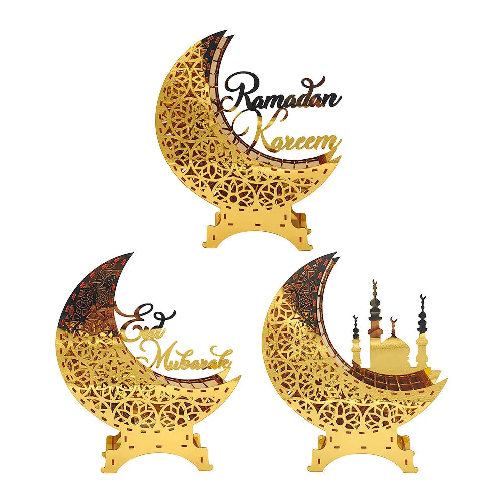 Ramadan Kareem Decoration with LED Night Light Acrylic Mirror Moon Castle Eid Mubarak Al-Fitr Tabletop Ornament DIY Party Gifts