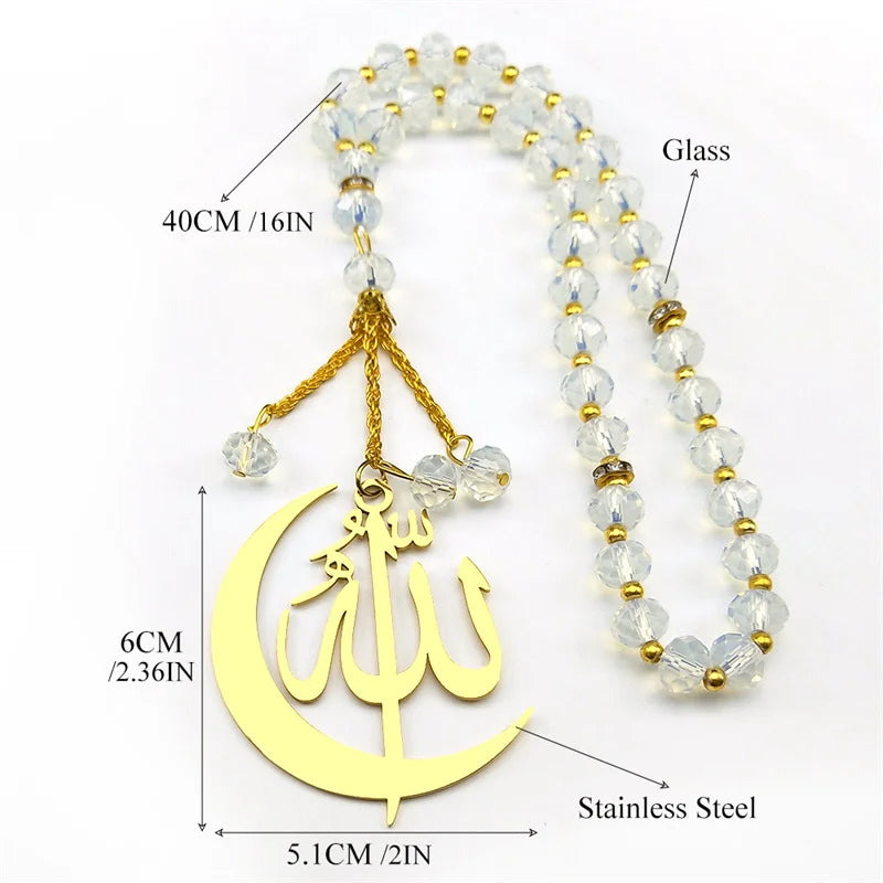 Muslim Allah Crescent Moon Symbol Car Keychain for Women Men Stainless Steel Gold Color Arabic 33 Prayer Beads Key Ring Jewelry