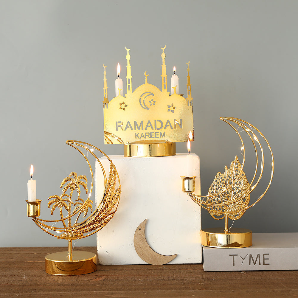 EID Ramadan Metal Gold Candle Holder Tray With Lights Eid Mubarak Muslim Islam Festival Aromatherapy Stove for Home Ornament