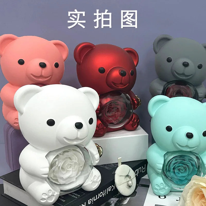 Eternal Rose Teddy Bear Gifts Box with Rotate Necklace Storage Case for Valentine Wedding Ideal Jewelry Packaging Display for Women Girls Girlfriend