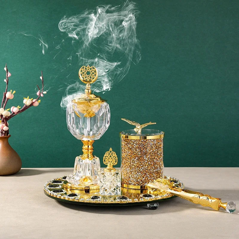 Arabic Incense Burner Set, Golden Plate, Middle Eastern Style Ornaments, Crystal, Spice Jar, Essential Oil Bottle, Gift