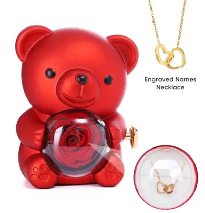 Eternal Rose Teddy Bear Gifts Box with Rotate Necklace Storage Case for Valentine Wedding Ideal Jewelry Packaging Display for Women Girls Girlfriend