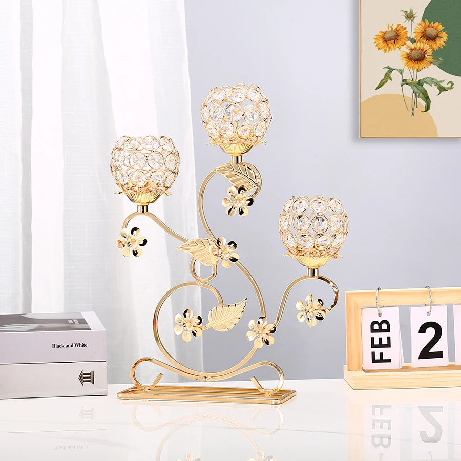 1pc 3 Arms Golden Metal Candle Holder Candelabra, Vintage Flower Shaped Candlestick for Table Centerpiece Wedding Birthday Party