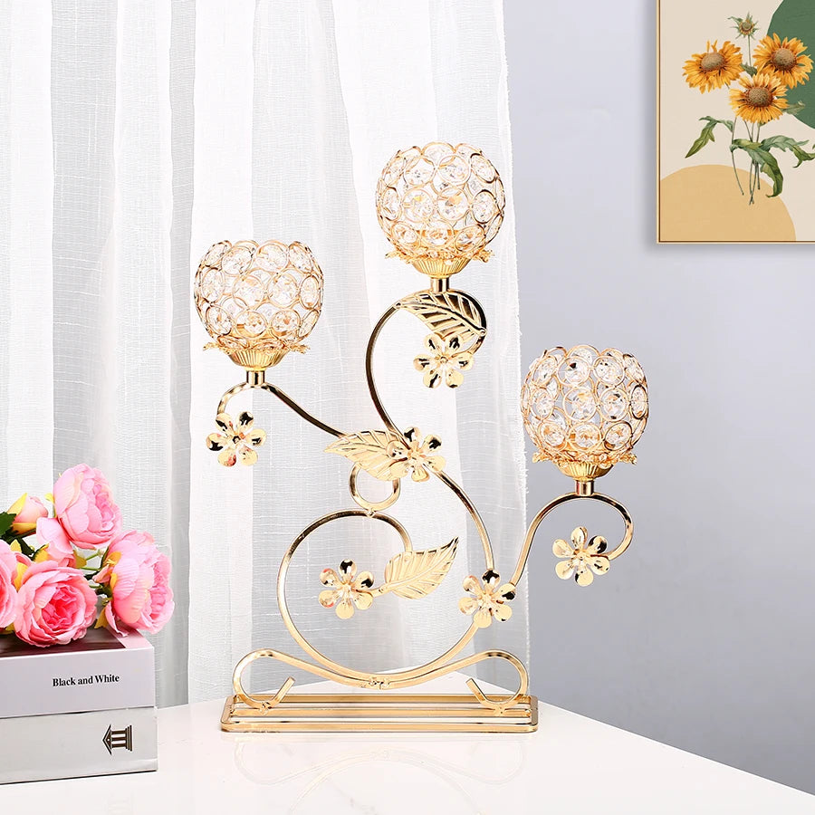 1pc 3 Arms Golden Metal Candle Holder Candelabra, Vintage Flower Shaped Candlestick for Table Centerpiece Wedding Birthday Party