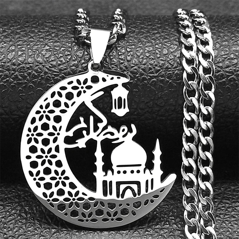 Islamic Mosque Muslim Crescent Moon Necklace for Women Men Stainless Steel Quran Islam Religious Jewelry chaine homme 6216-QKC