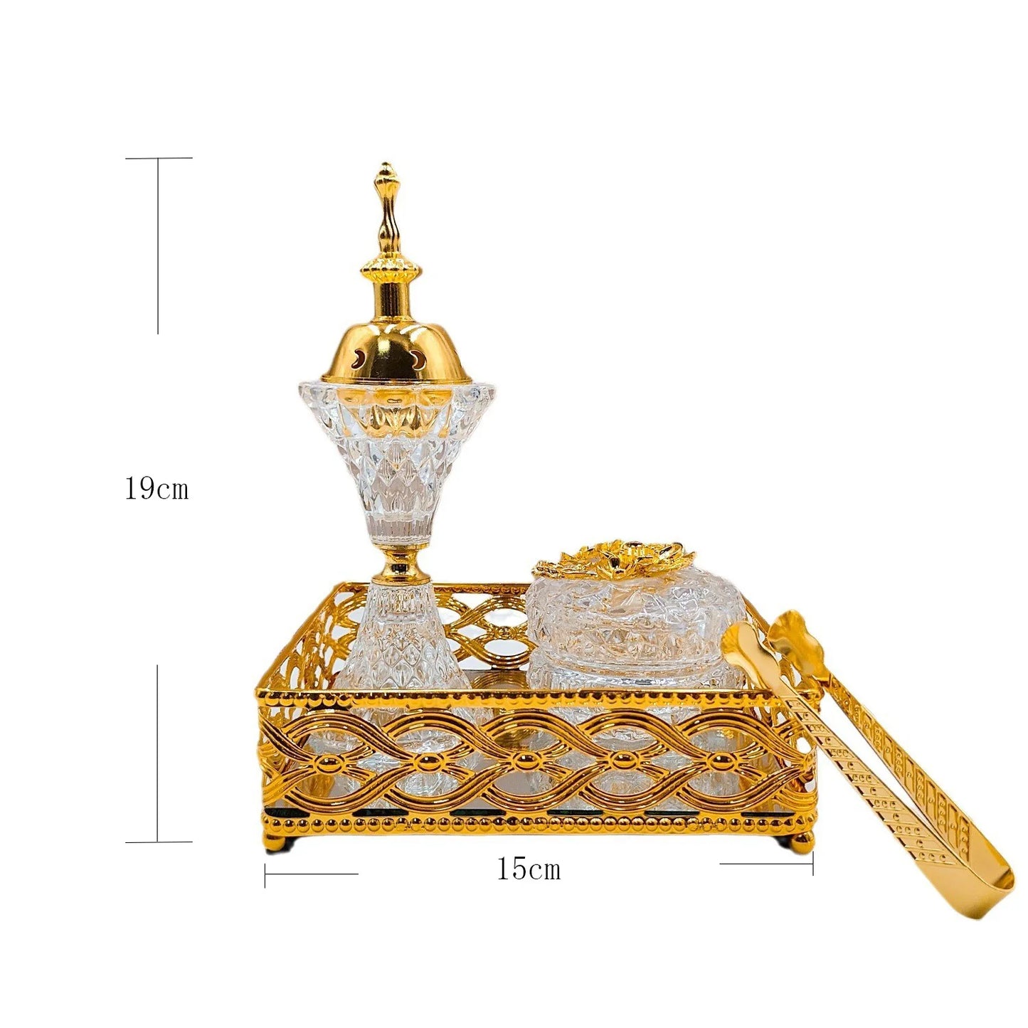 Arabic Crystal Incense Burner, Golden Square Tray Set, Living Room, Middle Eastern Ornament, Three-piece Set