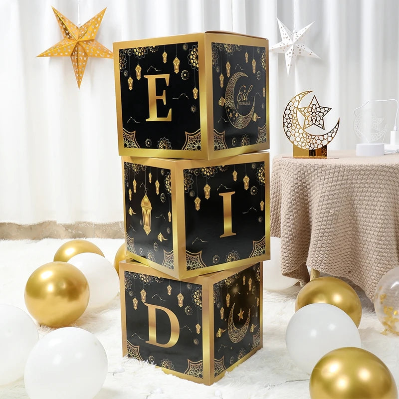 EID Mubarak Decoration Black Gold Box Ramadan Decor 2025 for Home Gift box Ramadan Kareem Islamic Muslim Party Eid Al Adha Gifts