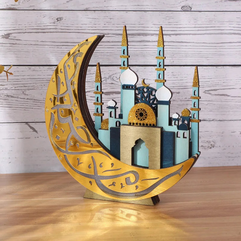 Ramadan Wooden Moon Mosque Night Light Table Ornament EID Mubarak Party Lights 2025 Islam Muslim Home Decoration Eid Al Adha