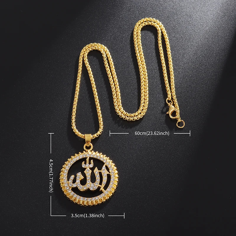 Islamic Muslim Rune Allah Round Pendant Necklace for Men Women Religious Ramadhan Festival Prayer Lucky Amulet Jewelry Gift