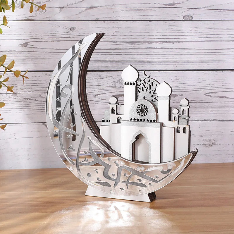 Ramadan Wooden Moon Mosque Night Light Table Ornament EID Mubarak Party Lights 2025 Islam Muslim Home Decoration Eid Al Adha